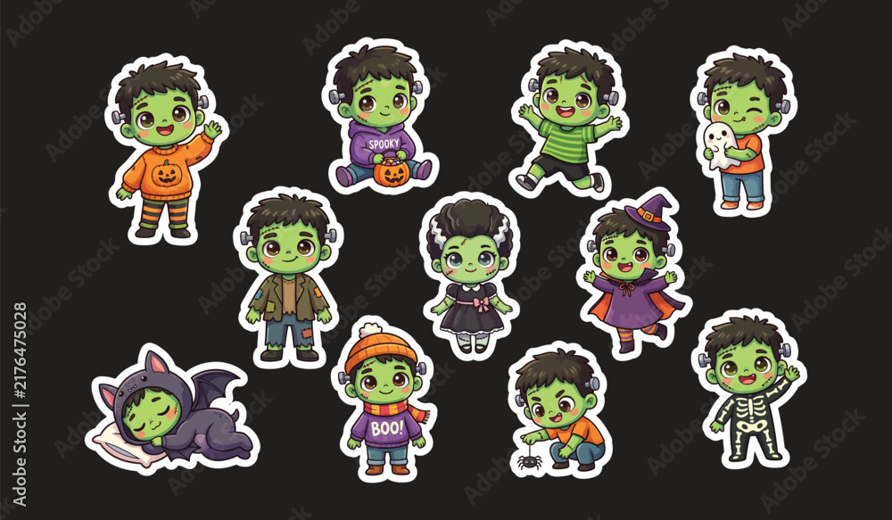 Fototapeta premium Cute chibi halloween frankenstein monster poses and vampire costume stickers set on dark background with chibi monsters skeleton costume halloween characters spooky stickers cartoon monsters