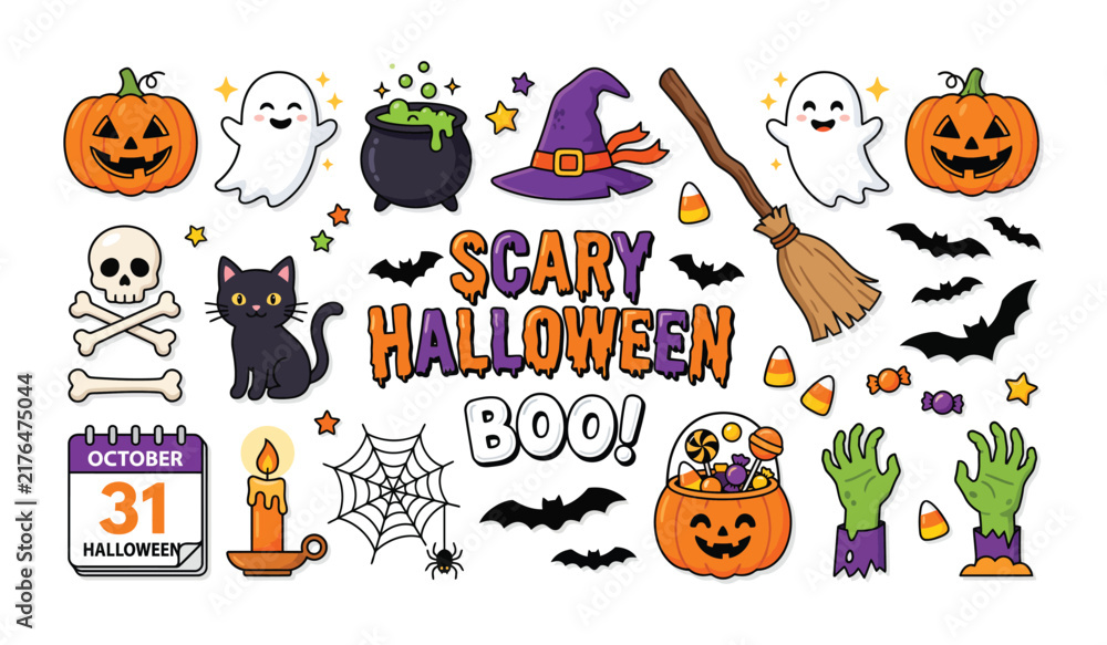 Fototapeta premium Scary halloween boo theme decorative stickers set with ghosts pumpkins and witch hat halloween decorations spooky icons cartoon illustrations vector stickers holiday elements halloween text