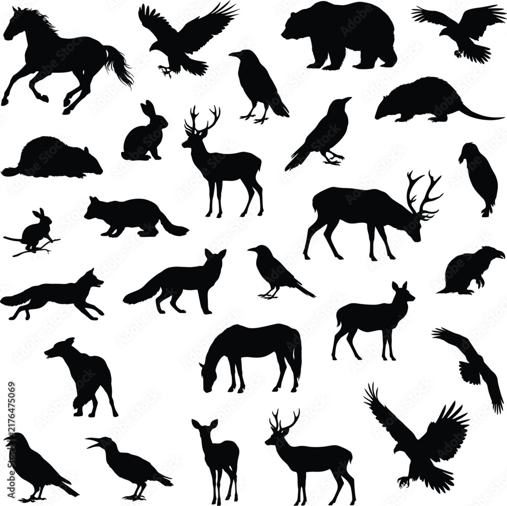 Fototapeta premium Set of wild animal silhouettes including horses, deer, bears, foxes, rabbits, and various birds