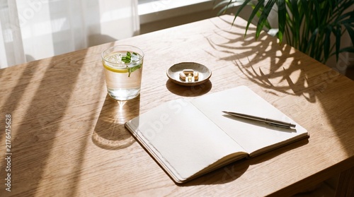 Glass of water with lemon and vitamins next to an open notebook on wooden table with small dish vitamins vitamins sit organization supplemental refreshment arrangement stationery minimalist with plant