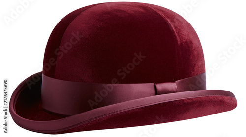Картината върху платно Deep red velvet bowler hat with satin ribbon band, isolated on transparent backg