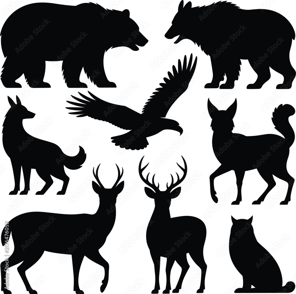 Obraz premium Set of wild animal silhouettes including bear, wolf, eagle, and deer