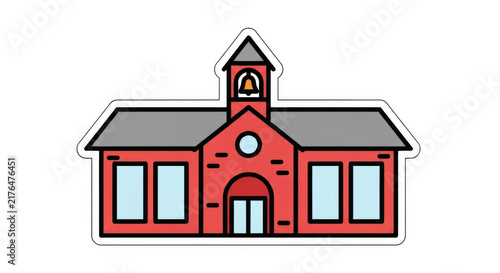 Red school building icon with bell tower isolated on white background