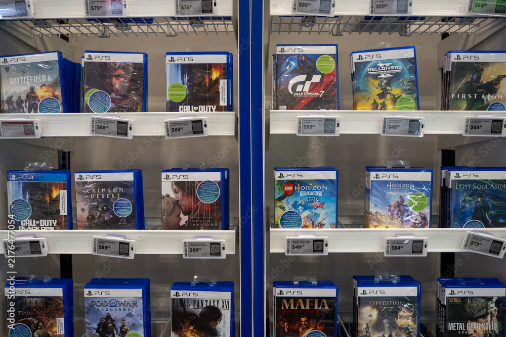 Obraz premium View of PlayStation 5 video games on retail shelves. Toronto, Canada - August 5, 2026.