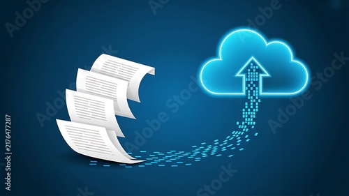 Obraz na płótnie Digital files and documents being uploaded into a glowing blue cloud representing cloud computing, data storage, and digital transformation