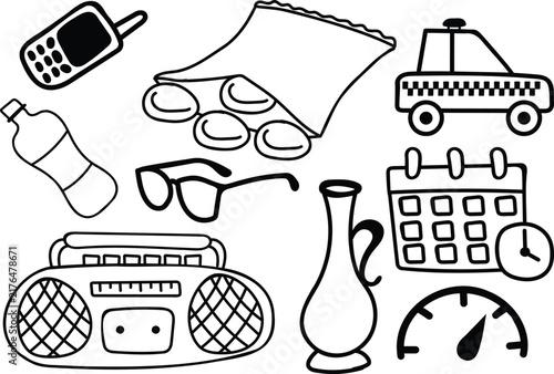 Hand Drawn Doodle Icon Collection with Radio, Jar, Snacks, Bottle, Calendar, Taxi, Phone, Speedometer and Sunglasses
