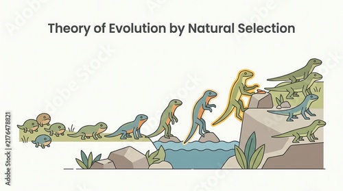 Theory of evolution by natural selection showing lizard adaptation and environmental survival in colorful vector graphic