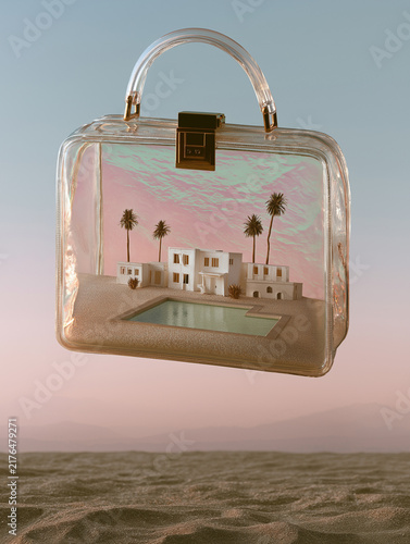 Transparent iridescent handbag contains a miniature poolside villa. Ideal for luxury travel campaigns, surreal fashion ads, and resort branding.