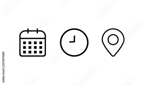 vector date, time, location, clock symbols, location icon, date set icon