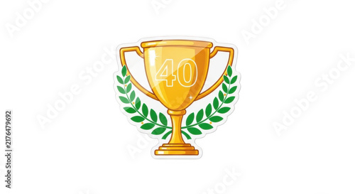 Golden trophy cup with number 40 and laurel wreath isolated on white background