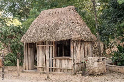 Fotografie Rustic thatched hut surrounded by tropical vegetation found in Yucatan, Mexico