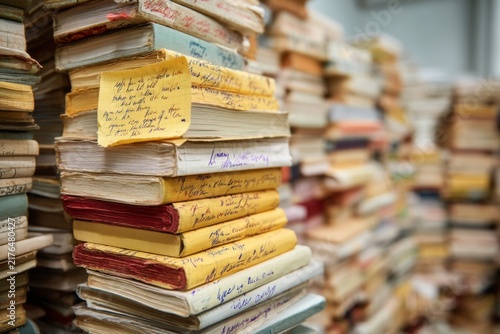 Old books with notes stacked on each other at a library in the afternoon