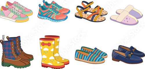 Colorful Shoes and Footwear Collection Vector Illustration SetColorful Shoes and Footwear Collection Vector Illustration Set