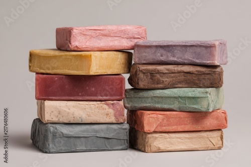 Stack of colorful soap bars on a plain background