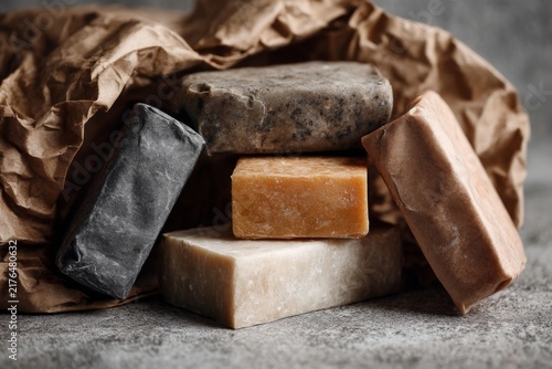 Different types of handmade soap arranged on a piece of crumpled brown paper on a gray background