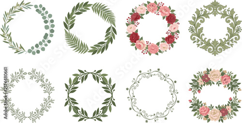 Botanical Leaf and Floral Wreath Frame Collection Vector Illustration Set