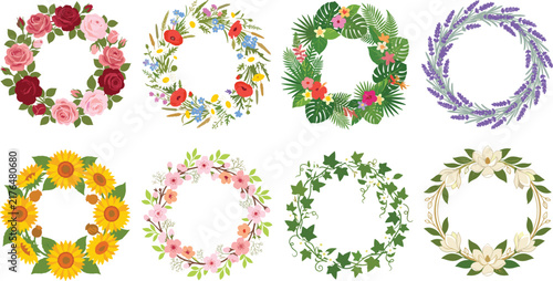 Floral Wreath Collection Botanical Frame Vector Illustration Set