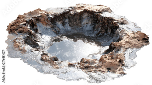 Detailed volcanic crater terrain with shiny water puddle and rocky textured surface isolated on transparent background, 3D render asset