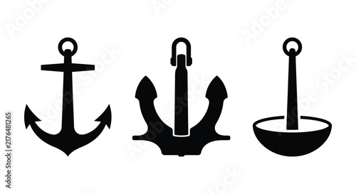 Bild auf Leinwand Three black silhouettes of maritime anchors against a white background nautical