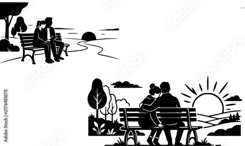 Romantic Couple Sitting on Park Bench at Sunset Silhouette Set with Trees Sun and Nature Scene in Black Isolated on White for Love Valentine and Lifestyle Design