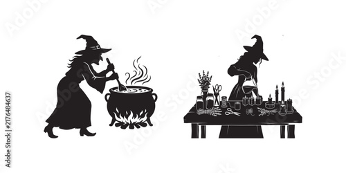 Фотография Black silhouettes of witches preparing magic potions in a cauldron and mixing ingredients on a table for a Halloween celebration