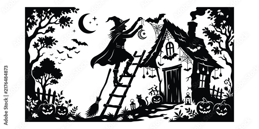 Fototapeta premium A vintage style black and white illustration of a witch climbing a ladder to the roof of a spooky cottage.
