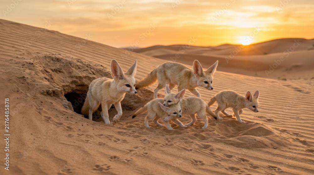 Fototapeta premium Fennec Foxes Emerge at Dawn: A family of adorable fennec foxes with their signature large ears emerge from their desert burrow as the sun rises, casting a warm golden glow over the sand dunes.