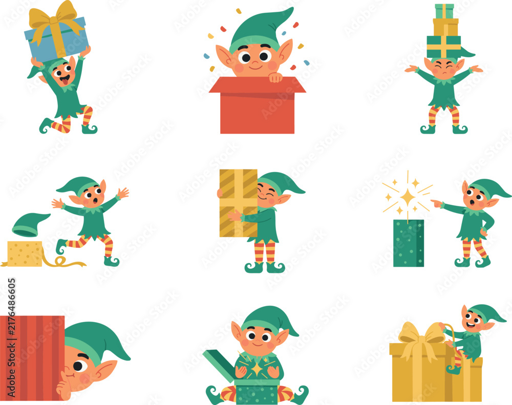 Naklejka premium Vector Cute Christmas Elf Character Set Featuring Little Elves Holding Boxes Peeking Opening Magic Gifts and Carrying Presents for Holiday Season Designs