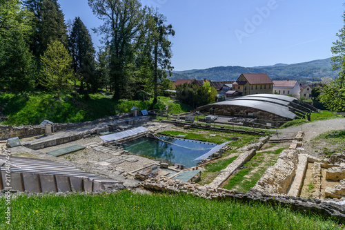 Elevated view of the Aquae Iasae Roman excavation with thermal pool and village houses, Varazdinske Toplice, Croatia