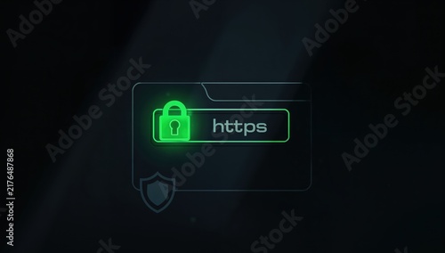 Secure HTTPS connection padlock icon glowing in browser address bar cybersecurity concept