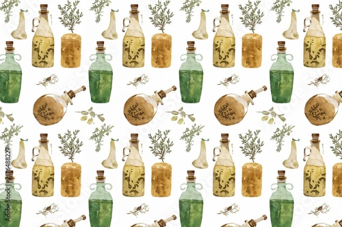 Minimal watercolor cooking ingredients seamless pattern with vegetables herbs and bottles
