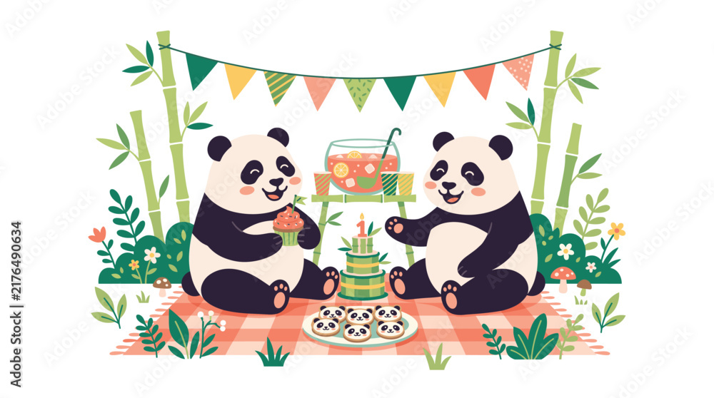 Fototapeta premium Cute Panda Happy Birthday Card with Funny Cartoon Animal, Flowers, Nature Frame and Festive Holiday Design, Colorful Vector Illustration for Kids and Celebration