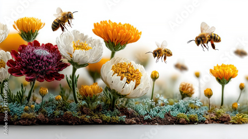 Close-up of bees flying over vibrant colorful flowers with detailed petals and lush green foliage in natural environment