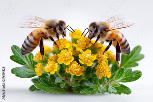 Close-up of two bees collecting nectar from vibrant yellow flowers with detailed green leaves and delicate wings
