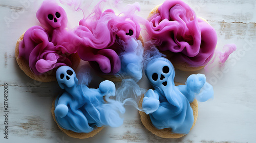 Creative Halloween Cookies Decorated As Blue And Purple Ghosts With Wisps Of Smoke On A Wooden Surface