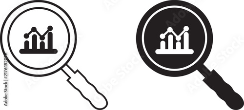 Analytics, magnifying glass and line chart icon symbolizing data analysis, business intelligence, performance tracking, dashboard reporting, insights, monitoring, and research in modern flat vector.