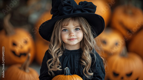 Cute Little Girl Dressed As Witch Holding Pumpkin Surrounded By Jack-o'-lanterns For Halloween