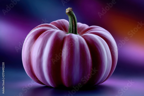 Close-up of a purple pumpkin with green stem on a vibrant purple and orange gradient background