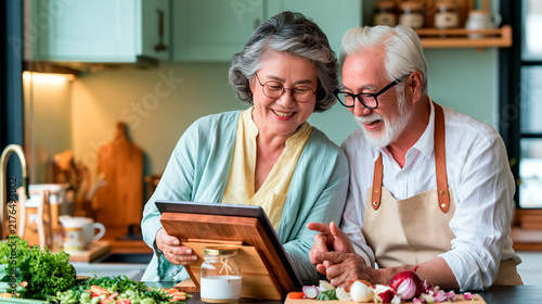 Senior couple using a tablet while cooking together in a modern kitchen, following an online recipe and preparing fresh healthy food at home