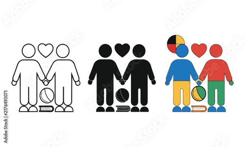 Two friends holding hands concept represented in outline silhouette and color vector icons.
