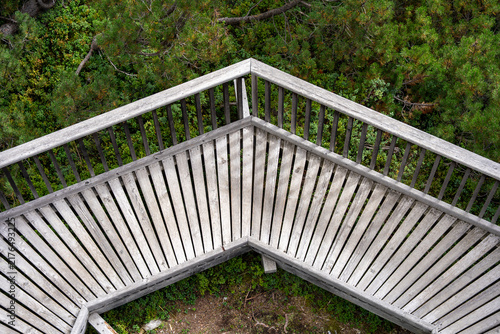 Weathered Wooden Observation Deck Railing Over Green Forest From Top View With Symmetrical Lines