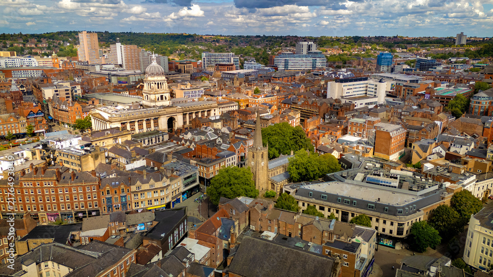 Fototapeta premium Top down aerial shot of hexagonal office building in Nottingham
