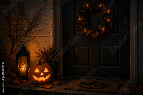Cozy Halloween front entrance decorated with glowing jack-o'-lantern, candle lantern, autumn wreath and fallen leaves. Warm and spooky seasonal porch decor at night.