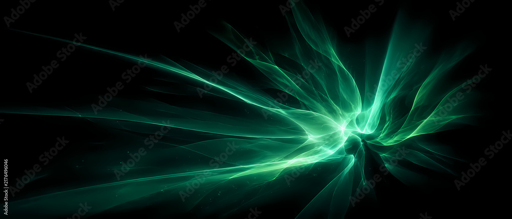 Fototapeta premium Emerald green light streams converge into a brilliant glowing core, forming luminous smoky waves, branching neon filaments and sweeping ethereal energy trails across a deep black background