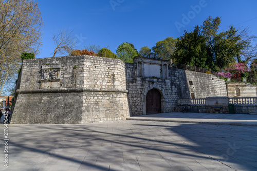 Stone bastion of the old city walls with carved coats of arms, Zadar, Croatia