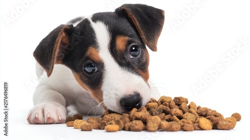 Puppy eating healthy pet food with playful expression, isolated on white background, realistic food texture, bright commercial pet scene.