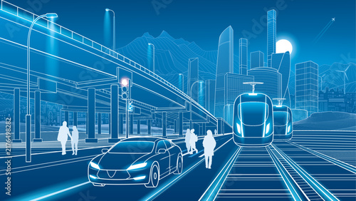 Futuristic smart city with high speed trains, modern car, pedestrians, elevated highway and urban infrastructure. Blue technology vector illustration of future transportation