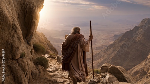 Moses descending Mount Sinai with the stone tablets after meeting with God in the wilderness.