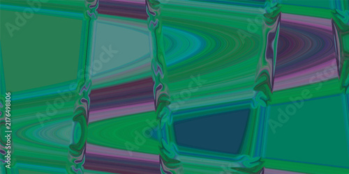 Abstract Geometric Background With Dark Green Purple And Blue Wavy Frames, Distorted Grid Lines, Fluid Marble Texture, Retro Futuristic Style, Optical Illusion, Modern Digital Art, Creative Wallpaper
