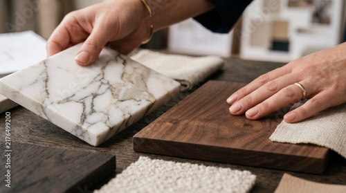 Interior designer's hands selecting marble and wood samples, showcasing a palette of luxurious textures and materials for a refined home design project.
